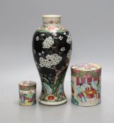 A Chinese famille noire vase, and two famille rose lidded pots, 19th century,Vase 12 cms high.