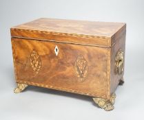 A late George III mahogany and marquetry tea caddy, 31cm foot to foot