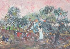 Continental School, oil on canvas, 'Orange pickers', indistinctly signed, 25 x 35cm, unframed