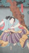 Kunisada, three woodblock prints, Actors as Samurai, cropped, 36 x 24cm, unframed
