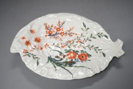 A Worcester leaf shaped dish of cos lettuce shape painted in Japanese kakiemon style with