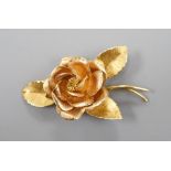 A 1960's 18ct gold brooch, modelled as a rose, maker T&D, 54mm, 11.3 grams.