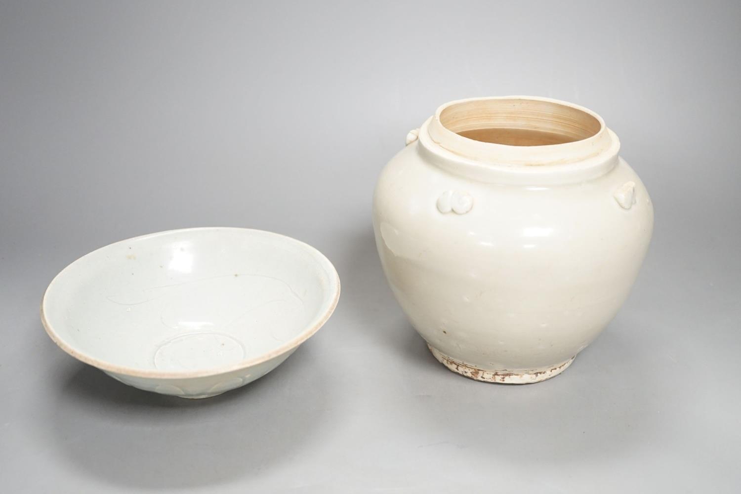 A Chinese Qingbai type bowl, a Ding type jar and a Japanese lacquer box, tallest 15cm - Image 4 of 5