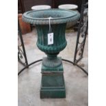 A Victorian painted cast iron campana garden urn on square pedestal stand, diameter 40cm, height