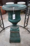 A Victorian painted cast iron campana garden urn on square pedestal stand, diameter 40cm, height