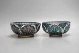 Two Iznik style fritware footed bowls,15.5 cms diameter.