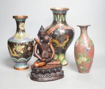 Three Chinese cloisonné enamel vases and a tantric figure of Buddha, tallest 26cm