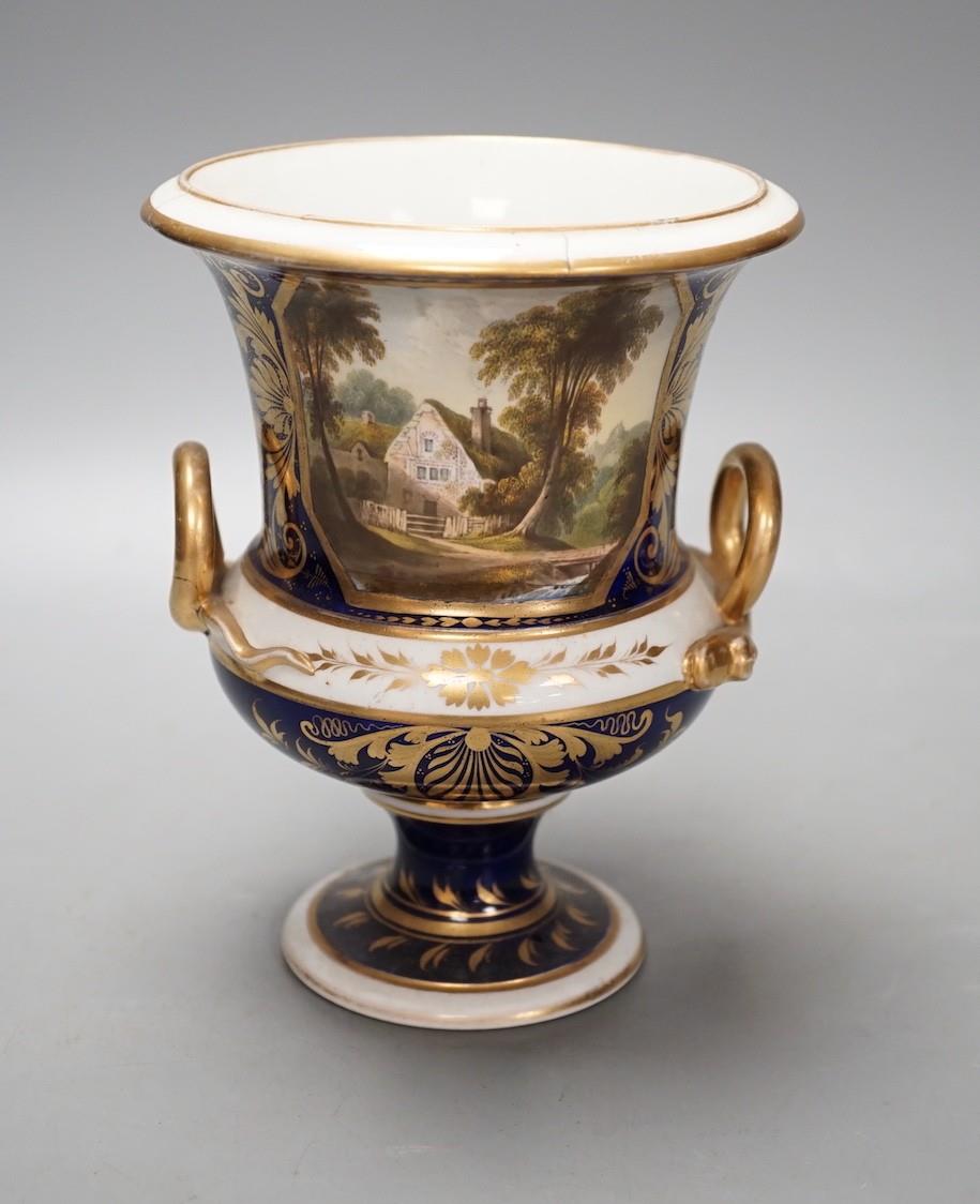 A Derby named twin handled cup, 'View in North Wales' - 17cm tall