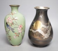 A Japanese cloisonné enamel vase and a Japanese mixed metal vase,cloisonné vase 25 cms high.