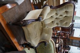 A Victorian mahogany upholstered spoonback armchair, width 70cm depth 70cm height 96cm