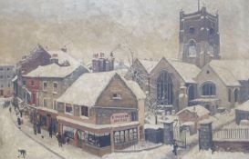 L. Windsor, oil on canvas, Street scene under snow with Kingston House on the corner, signed and