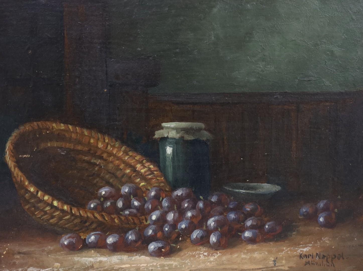 Karl Neppel (German, 1883-1961), oil on board, Still life of grapes on a table top, signed, 13 x