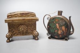 A Chinese bronze censer and a cloisonné enamel teapot, possibly Ming period