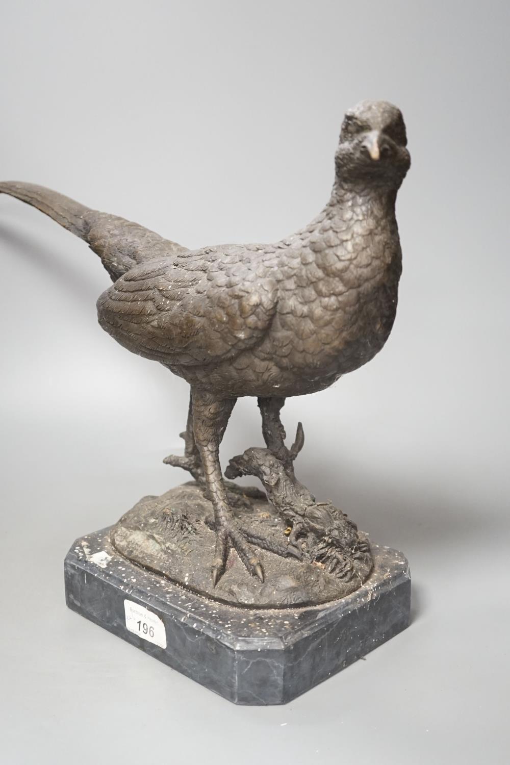 A bronzed metal pheasant, indistinctly signed, on marble base. Length 51cm - Image 2 of 6