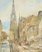 Flemish School, oil on canvas, Canal side church, indistinctly signed, 60 x 50cm