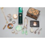 A small group of Victorian and later jewellery, including seed pearl set stick pin, 9ct and gem