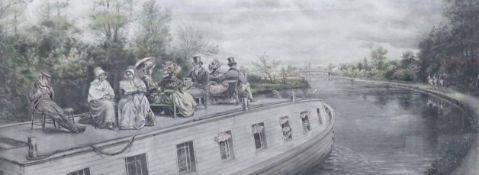 E.L. Henry, lithograph, Figures travelling upon a Victorian canal boat, 34 x 87cm