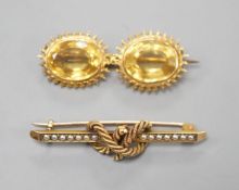 An Edwardian 15ct and seed pearl set rope twist bar brooch, 42mm and a yellow metal and two stone