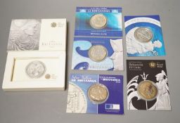 Six Royal Mint UK Britannia 1oz. silver proof £2 coins, in presentation packs