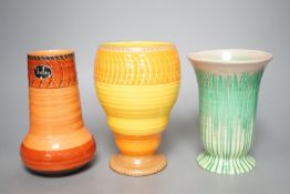 Three Shelley earthenware vases-tallest 17.5 cms high.