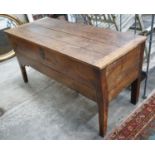 An early 19th century continental oak hinged top dough bin, width 145cm, depth 62cm, height 73cm