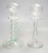 Two 19th century glass lacemaker's lamps, 25cm