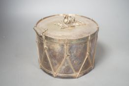 A late 19th century silver-plated box modelled as a military drum, diameter 15.5cm