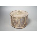 A late 19th century silver-plated box modelled as a military drum, diameter 15.5cm