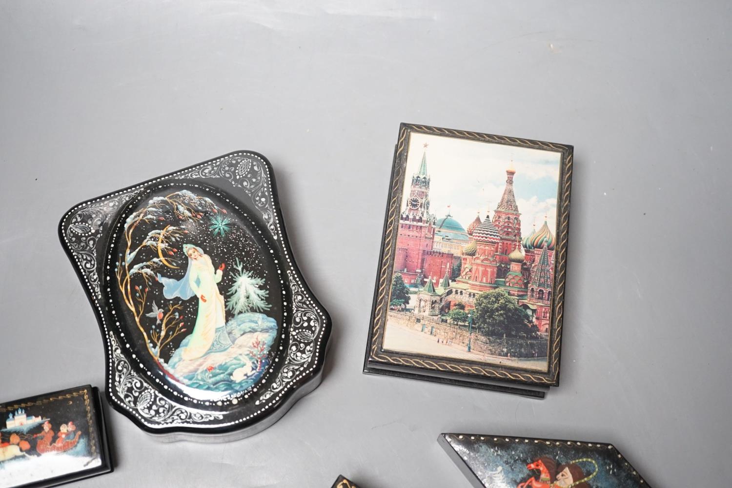 Eight Russian lacquer boxes, some painted and some with printed decoration - Image 8 of 12