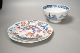An 18th century Chinese famille rose ‘birds and lotus’ plate, and a Chinese blue and white ‘