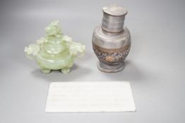 A Chinese bowenite jade censer and cover together with a soapstone tablet and a coconut and pewter