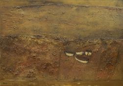 James Boswell (New Zealand, 1906-1971), mixed media on board, Beached fishing boats, signed and