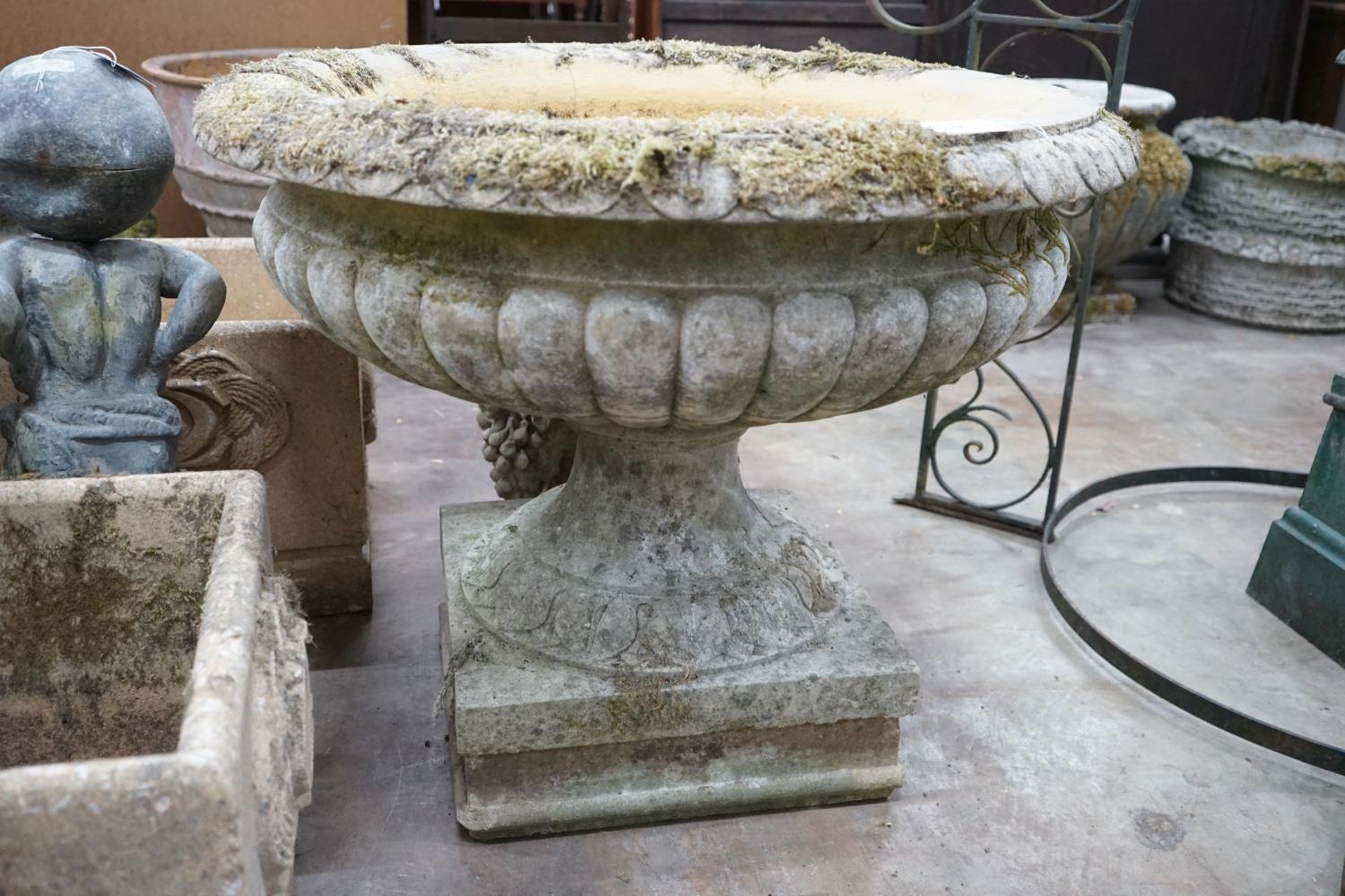A large circular reconstituted stone campana garden urn, diameter 90cm, height 75cm - Image 2 of 3