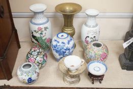 A group of Chinese porcelain vases and jars, a bronze vase, etc,bronze vase 27cms high.