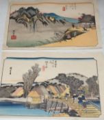 Hiroshige, two woodblock prints, Views along The Tokaido Road, overall 25 x 38cm, unframed