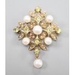 A modern 9ct gold, cultured pearl and peridot cluater set drop brooch, 43mm, gross weight 7.6