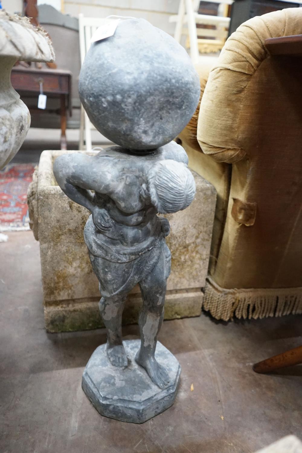 A small weathered lead garden ornament of Atlas, height 74cm - Image 3 of 3