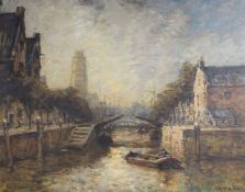 John Campbell Noble, oil on canvas, Dutch canal scene, signed, 40 x 50cm