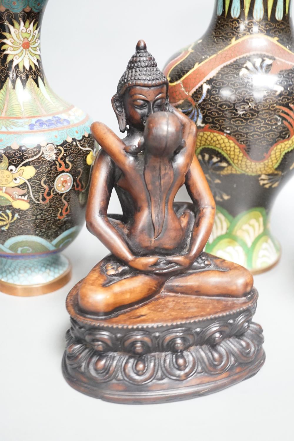 Three Chinese cloisonné enamel vases and a tantric figure of Buddha, tallest 26cm - Image 2 of 6