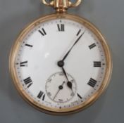 A George V 9ct gold Cyma open face keyless pocket watch, with Roman dial and subsidiary seconds,