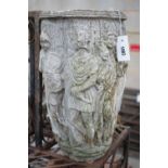 An oval reconstituted stone garden planter moulded with classical figures, height 47cm