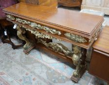 An 18th century style parcel gilt mahogany console table, width 136cm, depth 36cm, height 91cm