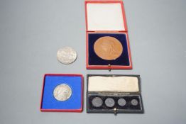 Edward VII maundy money set 1902, 1d to 4d two royal commemorative medals and a 1937 crown