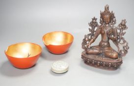 A Sino-Tibetan bronze Bodhisattva, two Japanese lacquer ‘fish’ bowls and a Korean celadon ground