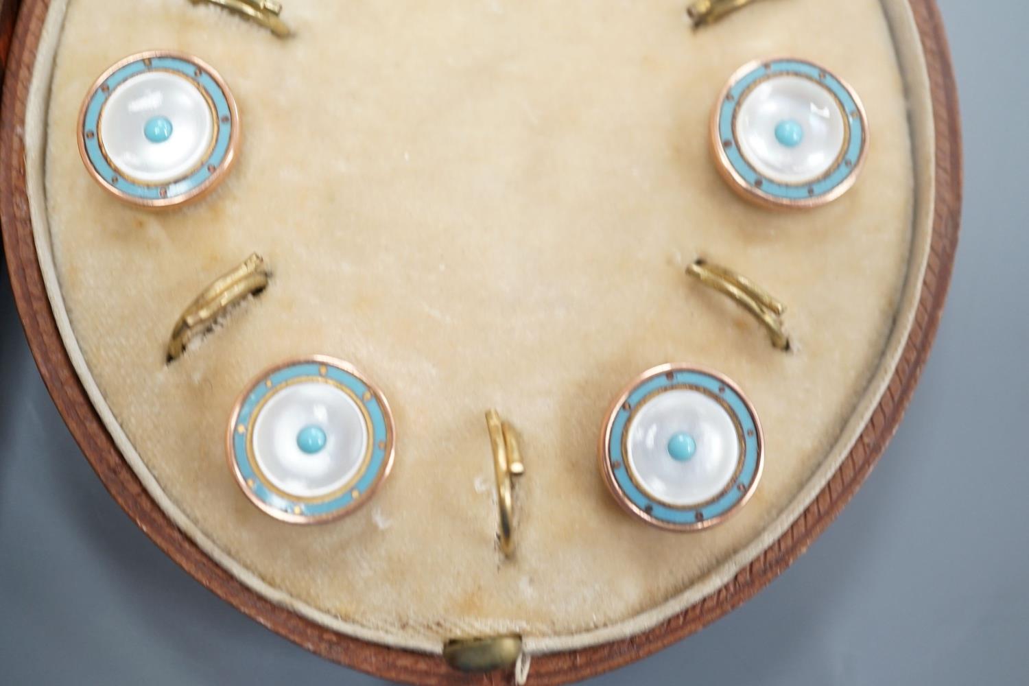 A cased early 20th century six piece gilt metal, mother of pearl and enamel dress stud set and - Image 5 of 5