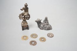 A collection of Chinese coins, together with a water dipper in the form is a seated animal, and a
