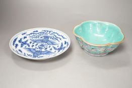 A Chinese blue and white ‘phoenix’ dish and a Chinese enamelled porcelain bowl. Diameter of