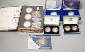 Cased Royal Mint UK proof coins – a Diana Memorial silver coin, a Millennium £5, a D-day 3 coin