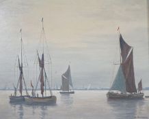 V. Hammond, oil on board, Sail barges in harbour, signed, 32 x 39cm