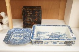 A rectangular Chinese dish, a square blue and white dish and a Japanese lacquer cabinet,